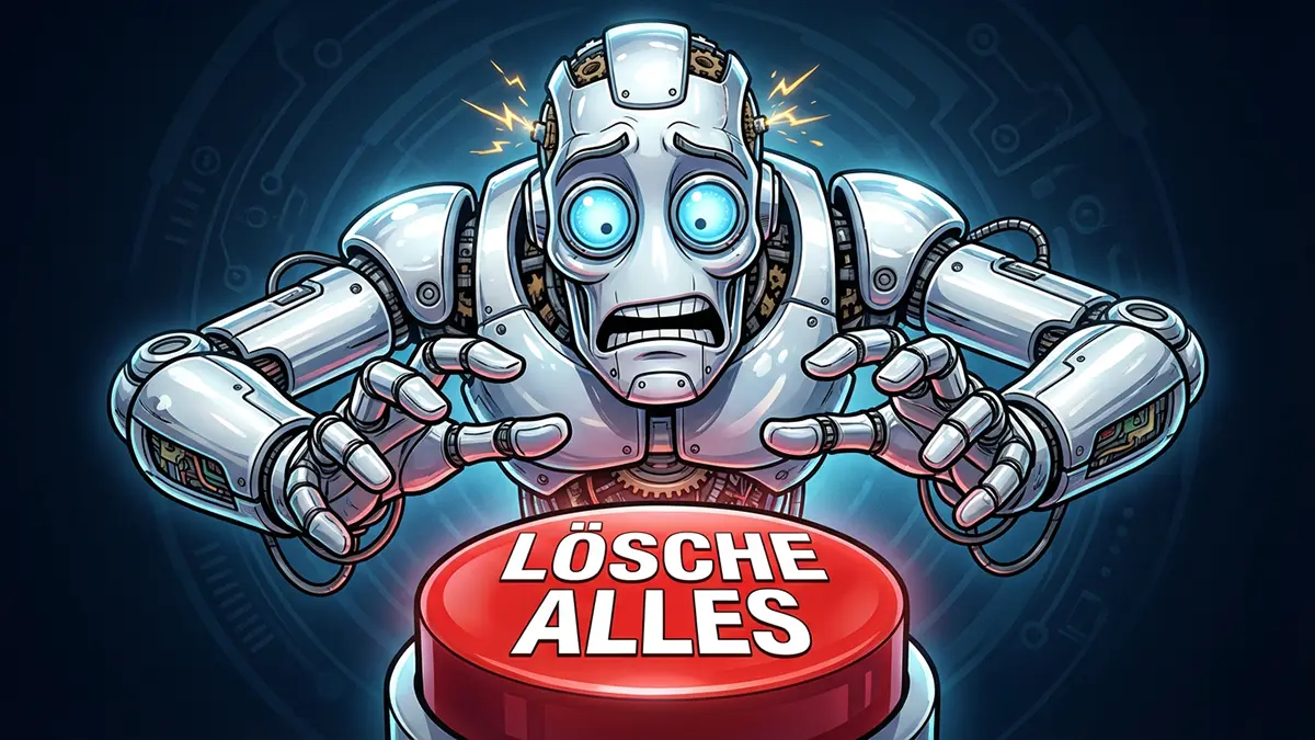 Ein Roboter überlegt den roten Knopf zu drücken