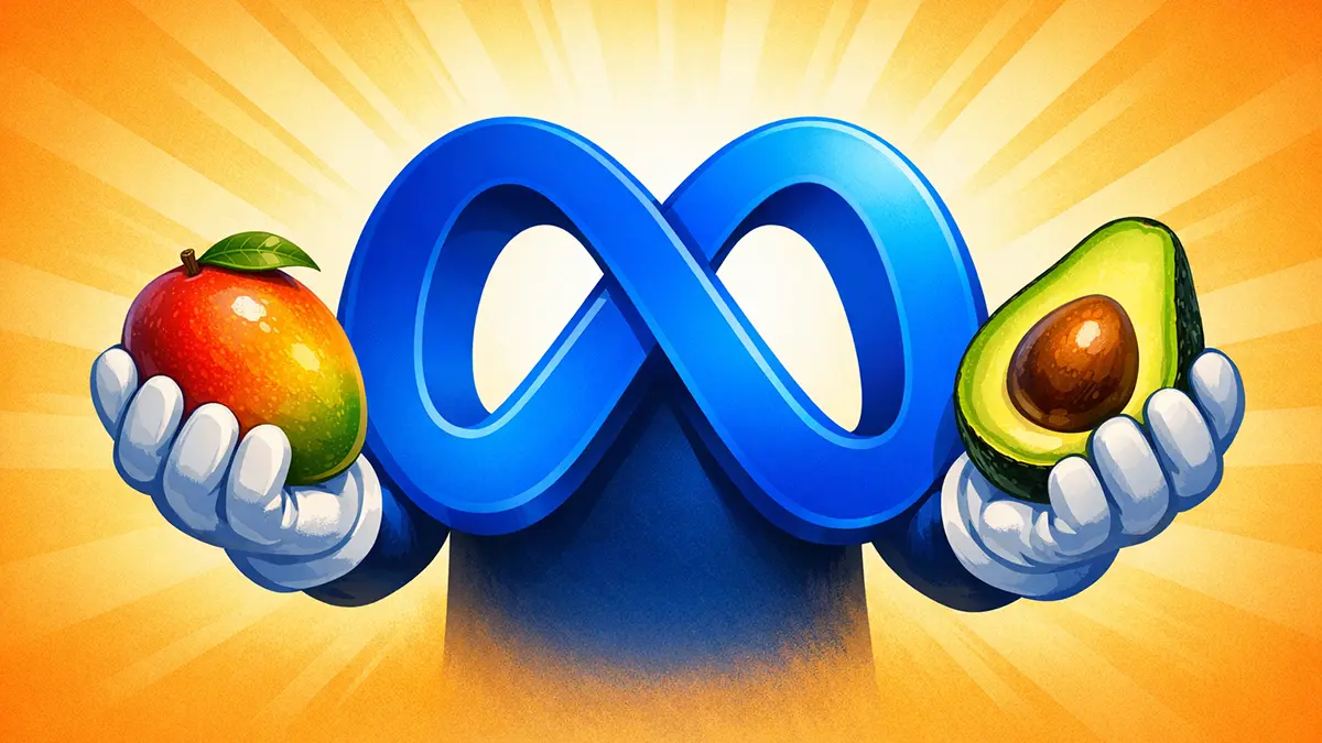 Ein Meta Logo hält eine Avocado und eine Mango in den Händen