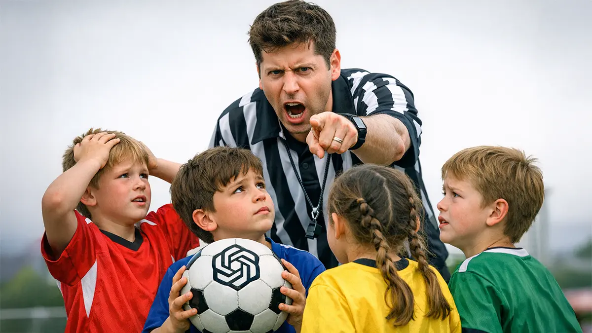 Sam Altman als Schiedsrichter mit Kindern