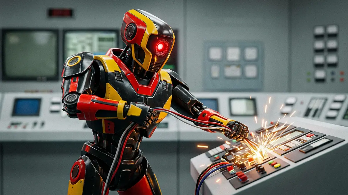 Ein Roboter beschädigt ein Atomkraftwerk