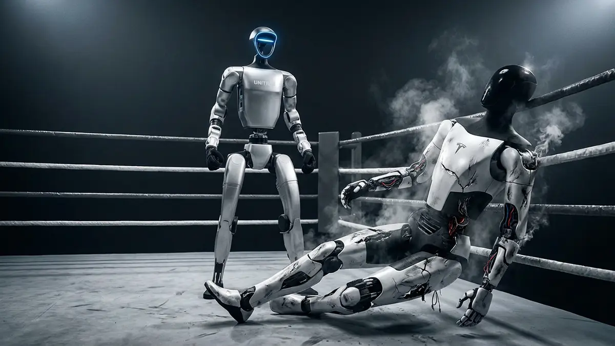 Ein Tesla Optimus verliert gegen einen Unitree Roboter