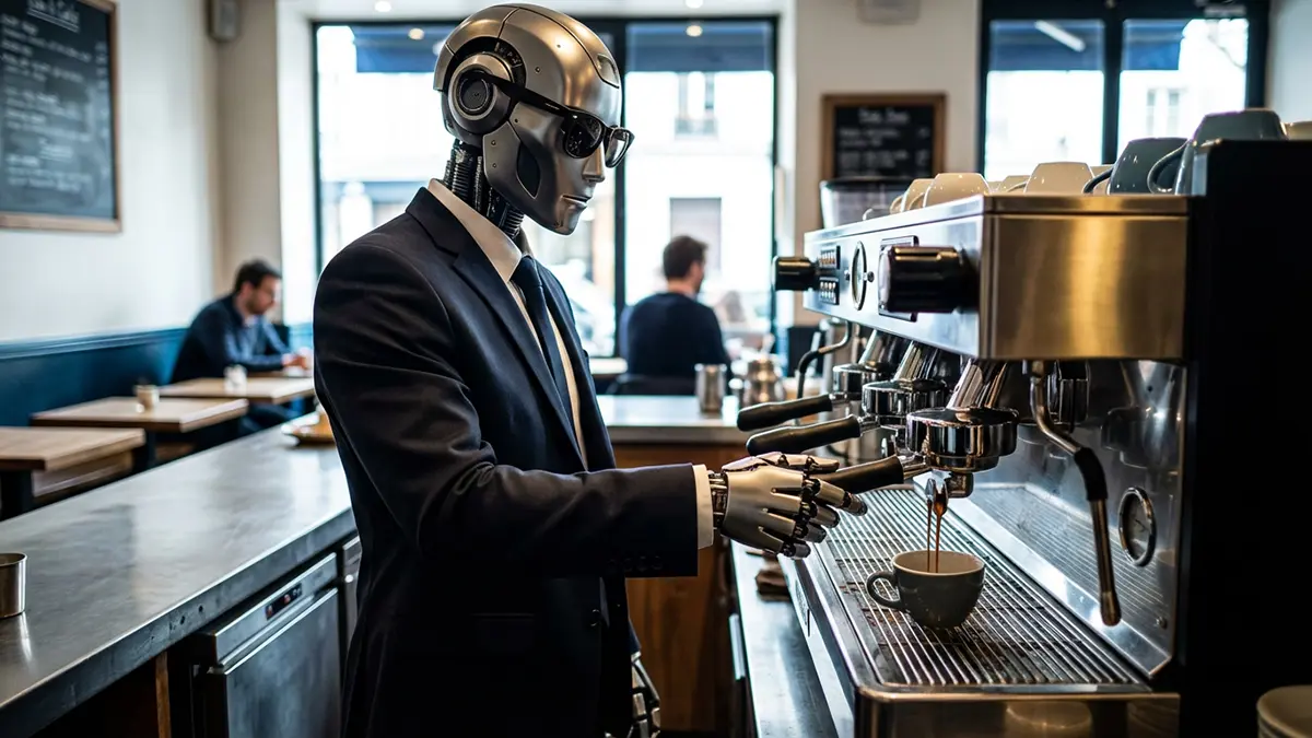 Ein Roboter in einem Cafe macht Espresso