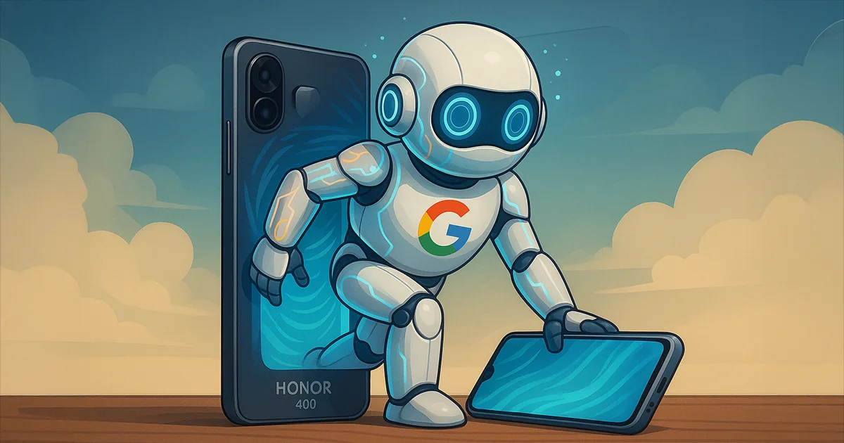 Ein Google Roboter kommt aus einem Honor Telefon