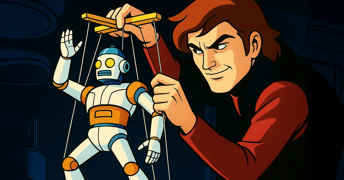 Ein Mensche steuert eine Roboter-Marionette