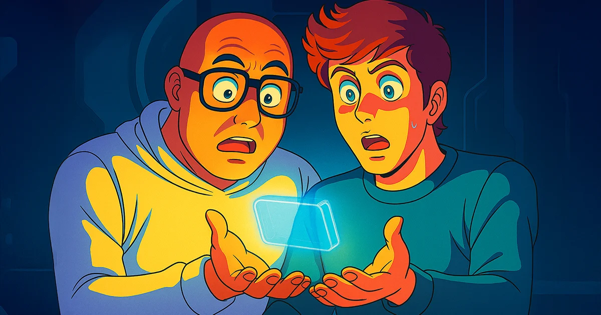 Sam Altman und Jony Ive schauen auf KI Gerät