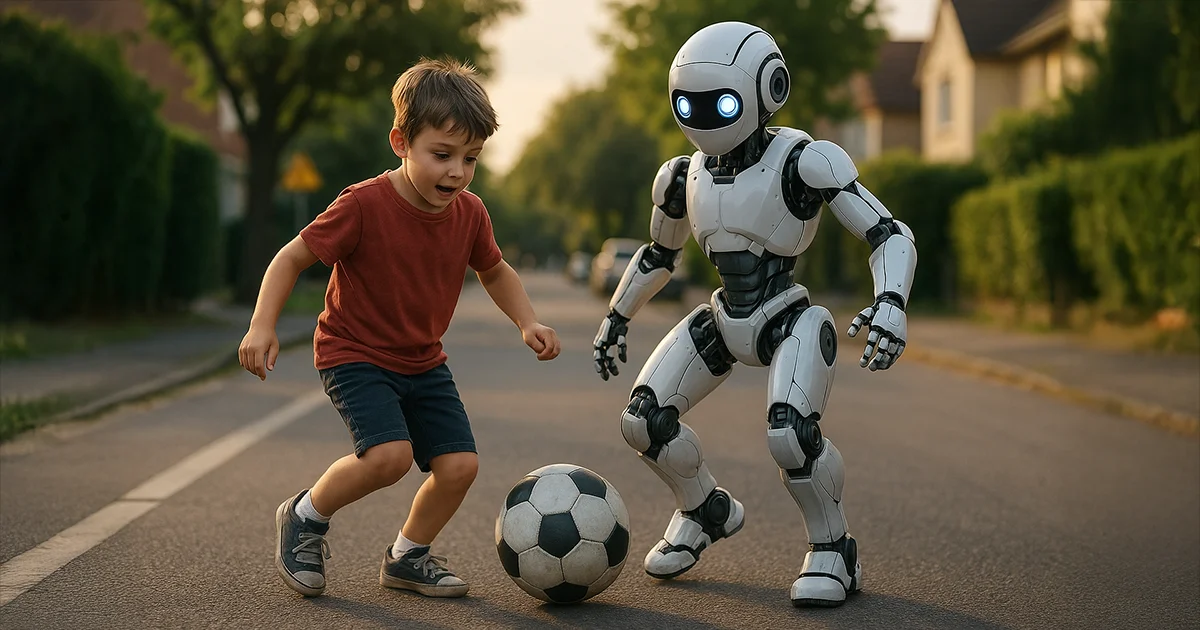 KI-Roboter spielt mit Mensch Fussball