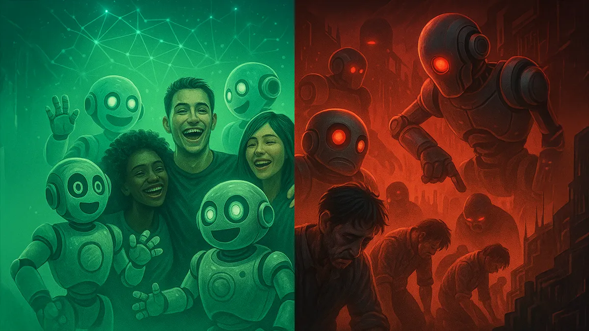 Menschen mit Robotern fröhlich vs. Roboter unterdrücken Menschheit