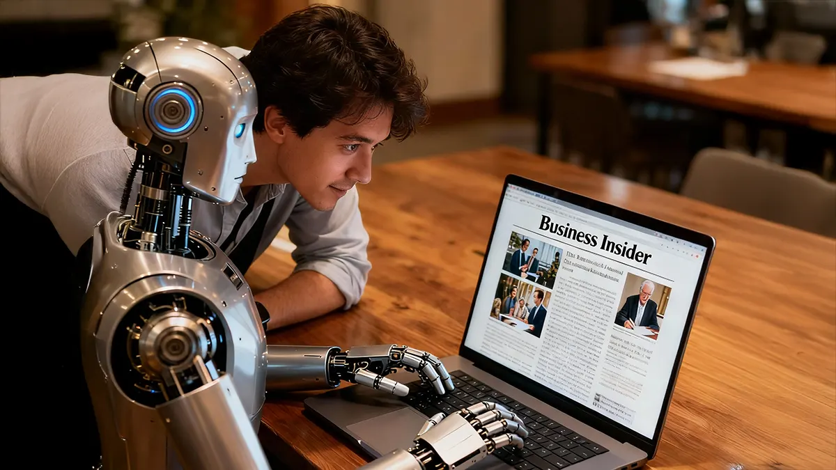 Ein Journalist schaut einem Roboter beim schreiben zu