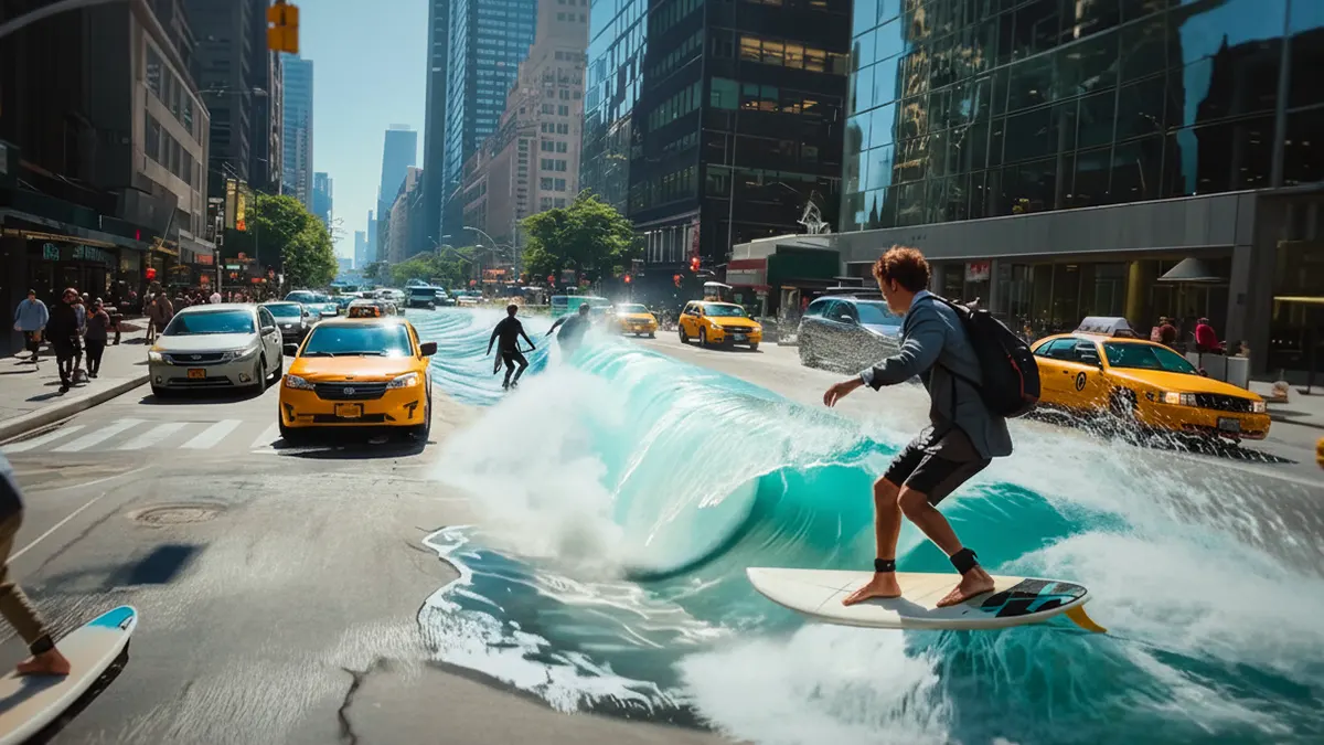 Ein Mann surft auf einer Welle in New York