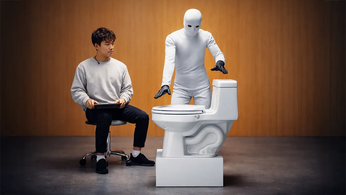 Ein Roboter vor einer Toilette