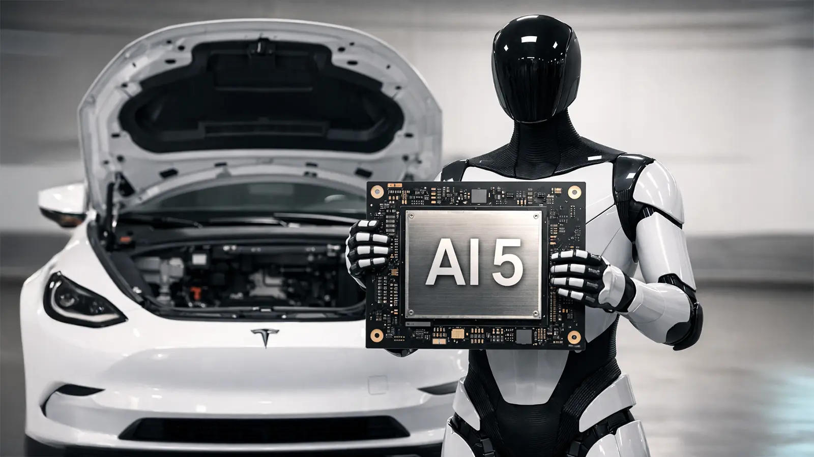 Ein AI5 Chip wird in ein Tesla eingebaut