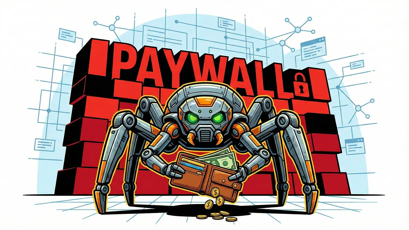 Ein Crawler mit Geldbeutel vor einer Paywall