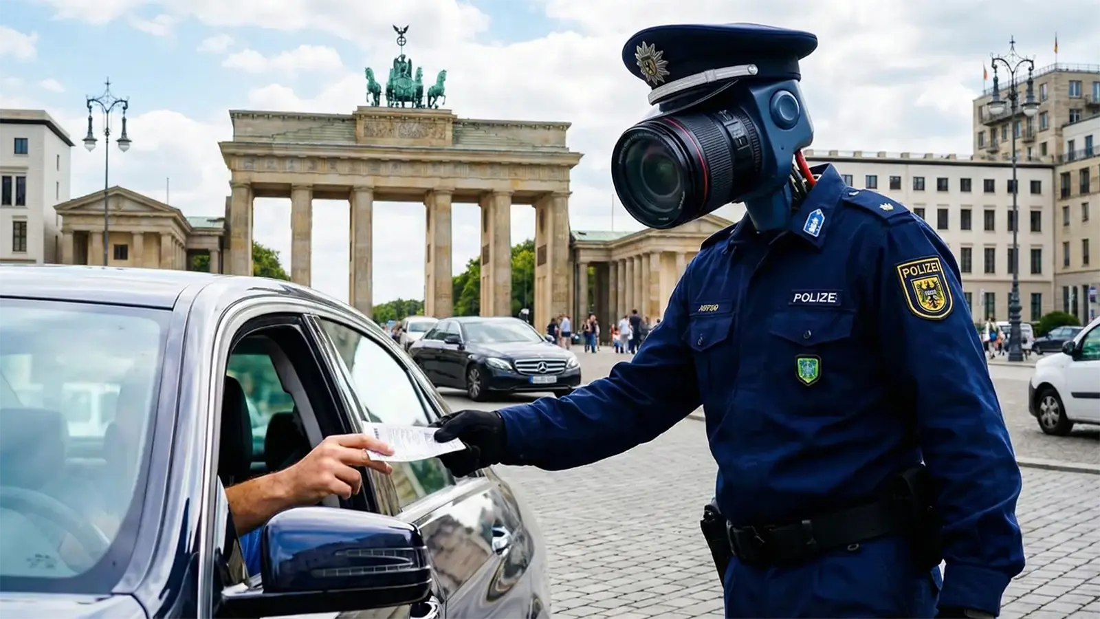 Vor dem Brandenburger Tor wird ein Strafzettel ausgeteilt