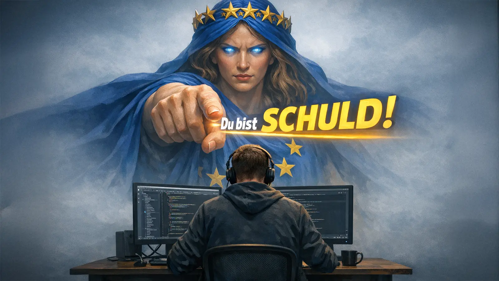 Die EU zeigt in Person auf einen Programmierer