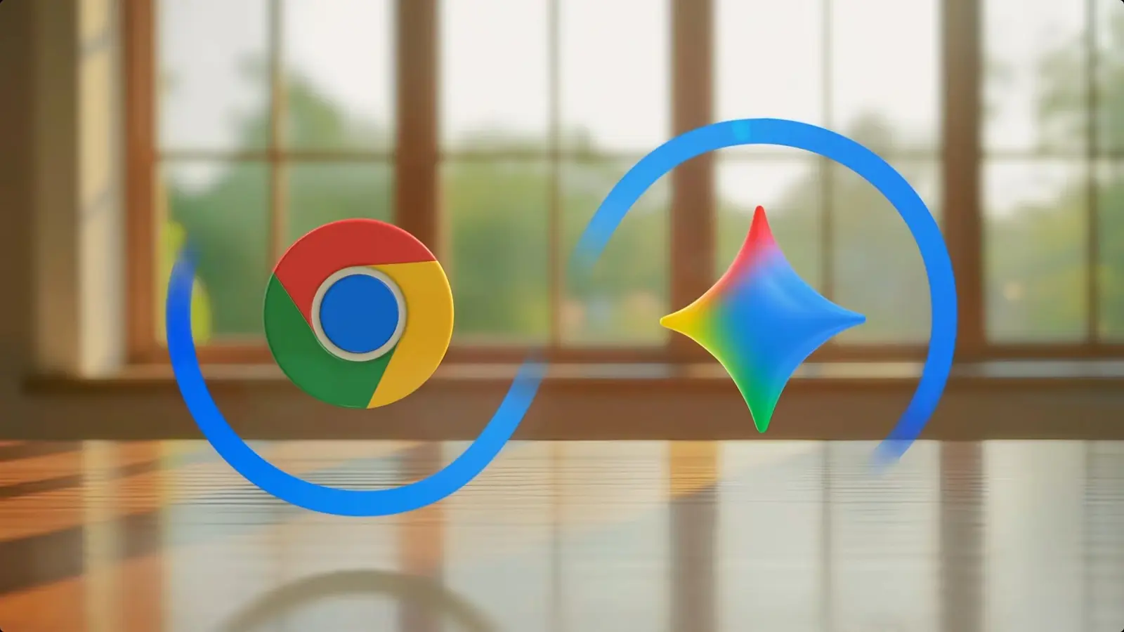 Ein Chrome Logo verbindet sich mit Gemini 3 Logo