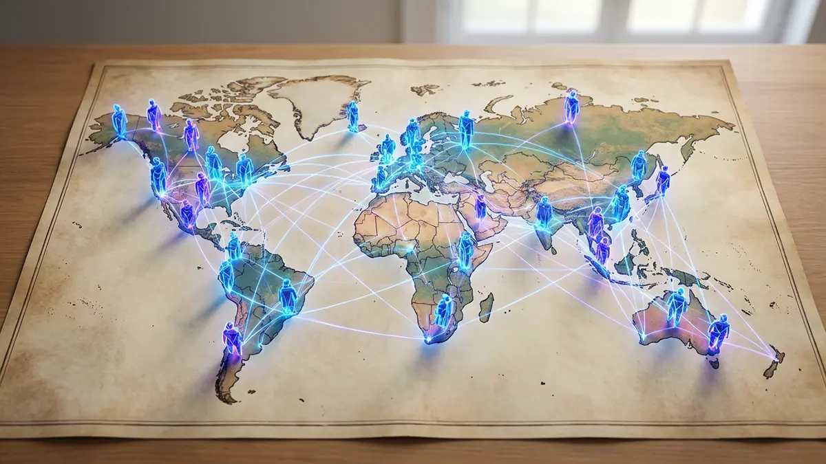 Auf einer Weltkarte vernetzen sich KI-Agenten