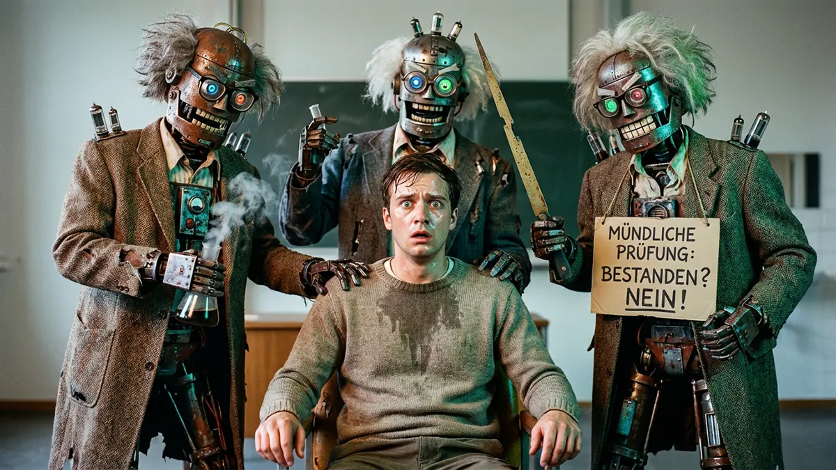 Ein Prüfling vor KI-Professoren