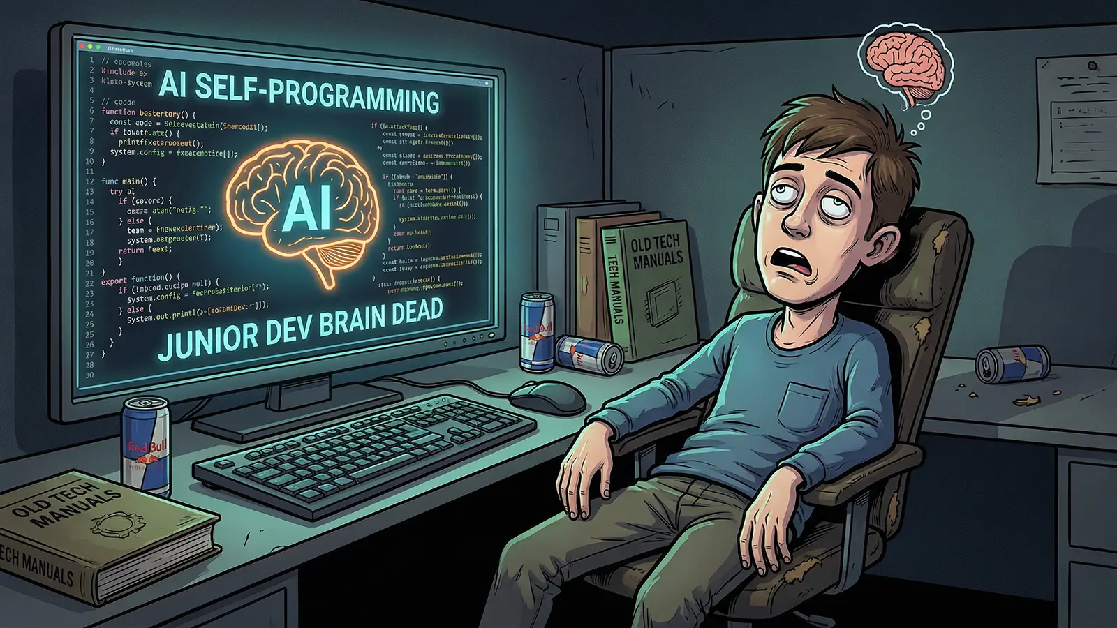 Ein Junior-Entwickler sitzt braindead vor dem PC