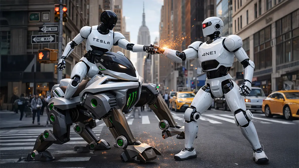 Ein Tesla Optimus auf einem Kawasaki Corleo kämpft gegen einen Neura 4NE1 Roboter