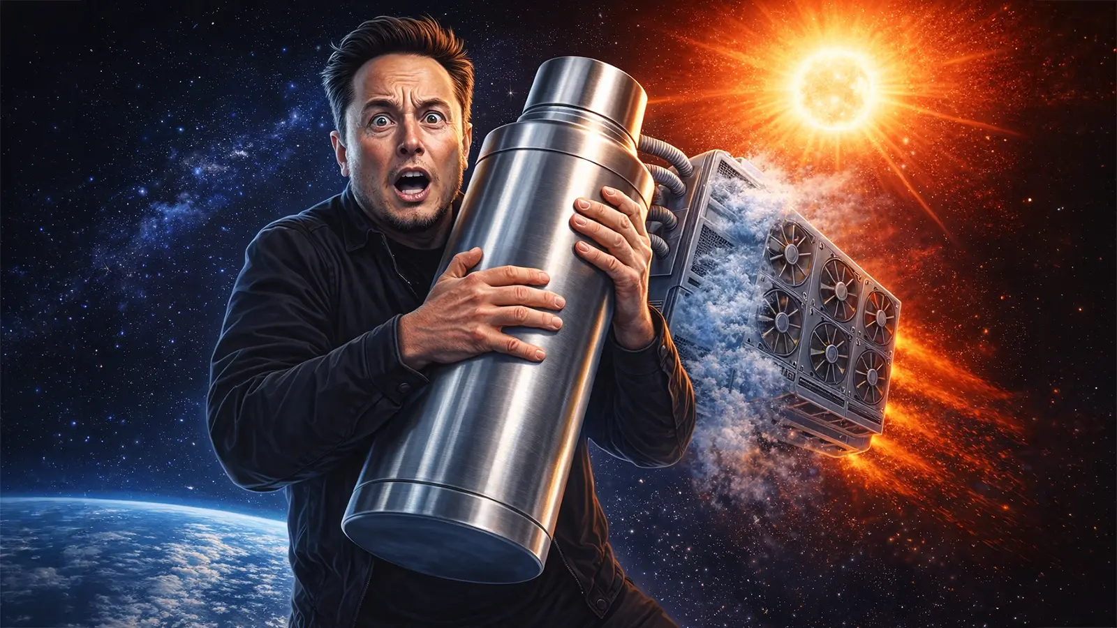 Elon Musk mit einer Thermoskanne im Weltraum