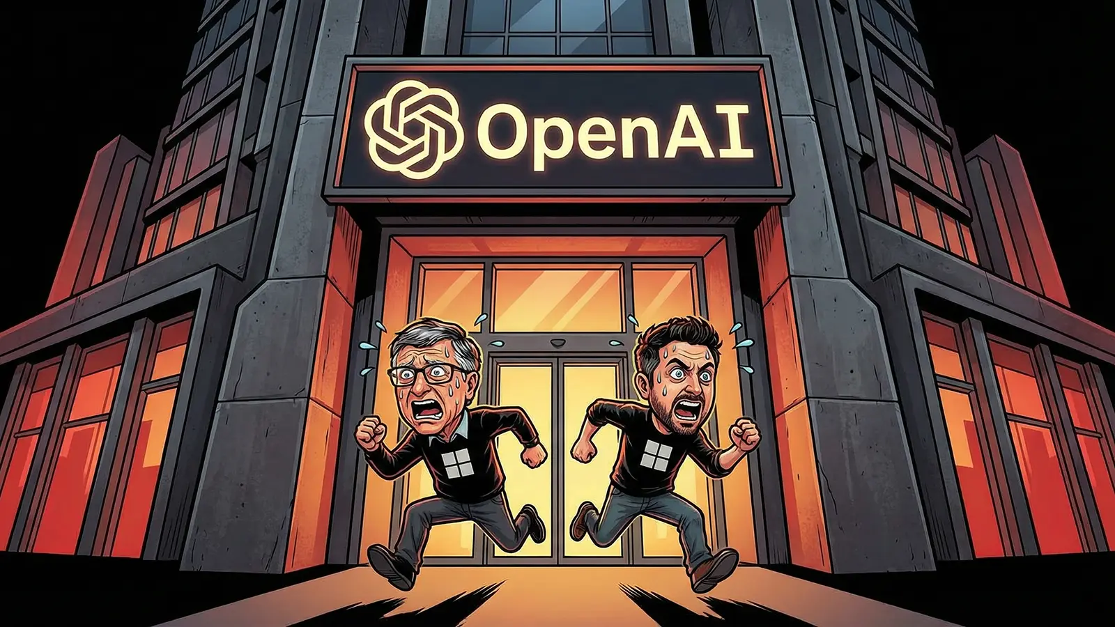 Bill Gates und Mustafa Suleyman rennen auf dem OpenAI Headquarter 