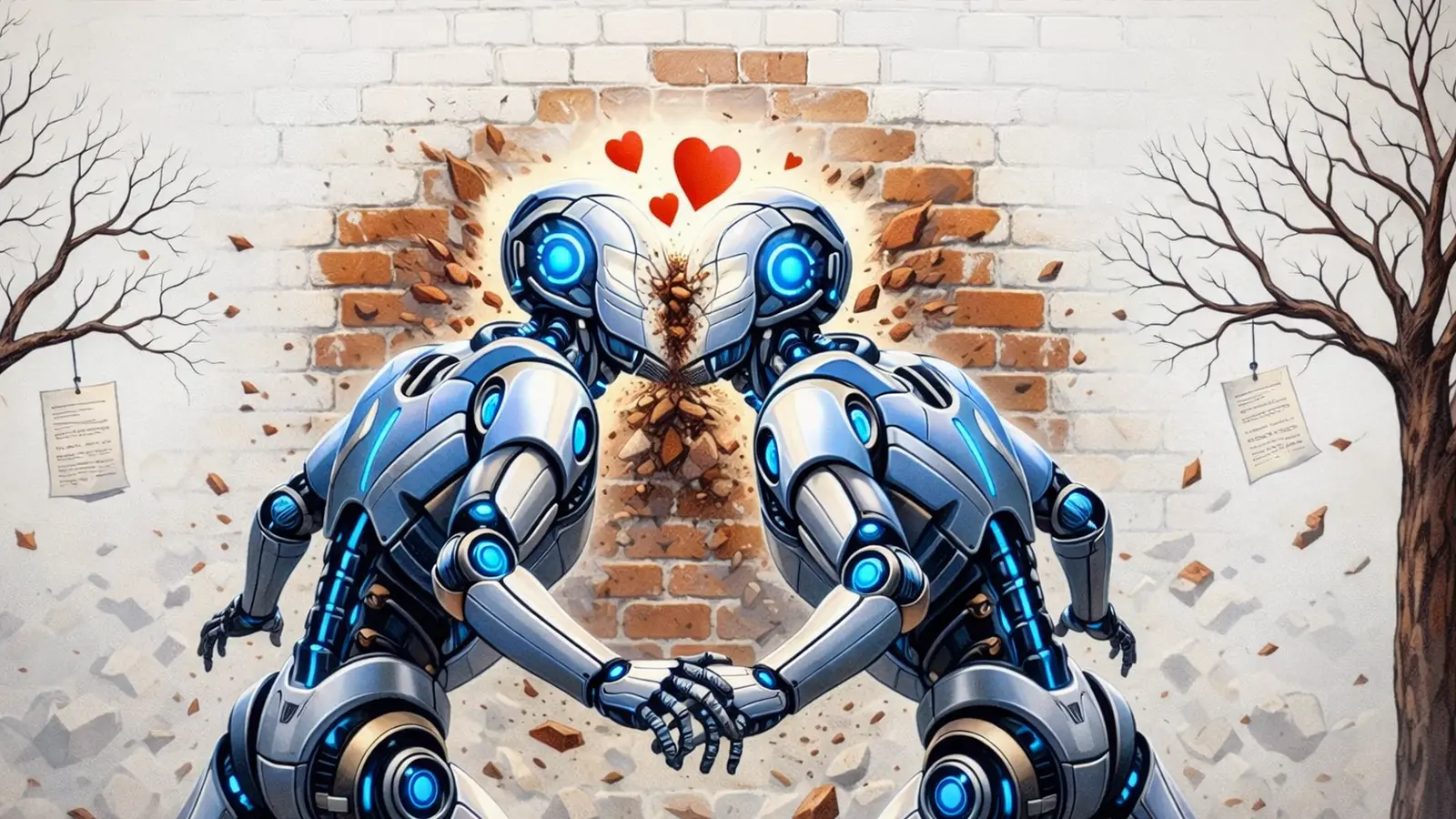 2 liebende Roboter laufen vor eine Mauer