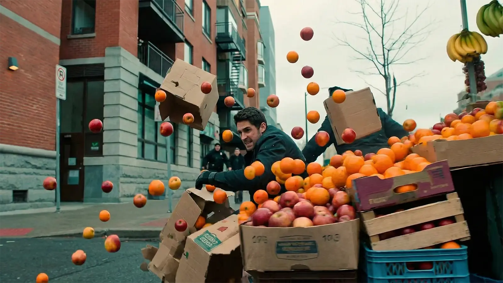 Ein Mann rennt in Orangen