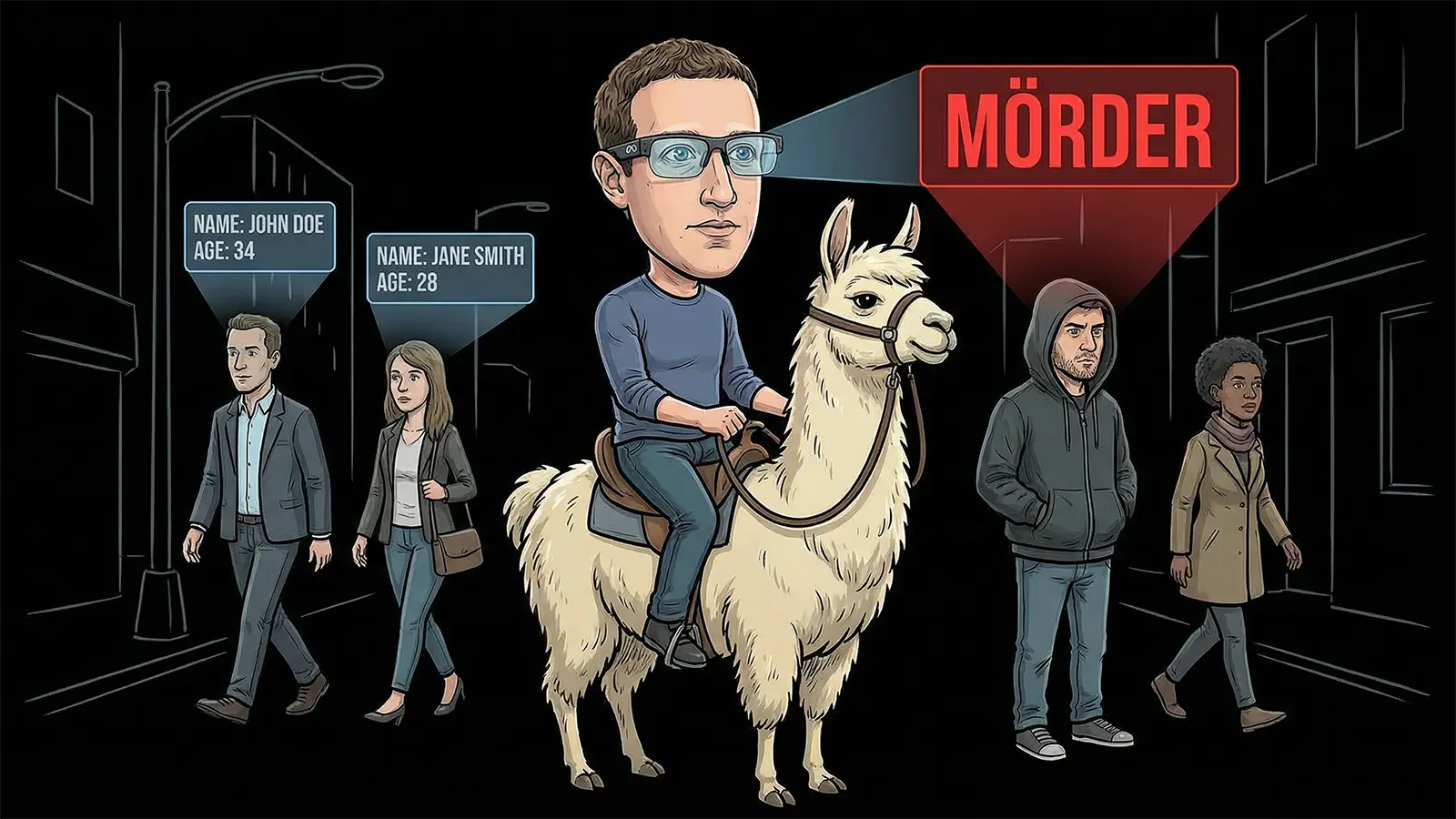 Zuckerberg auf einem Lama scannt die Welt