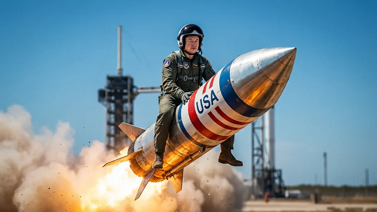 Elon Musk sitzt auf einer Rakete